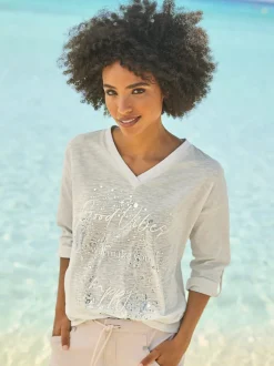 T-shirt encolure V à imprimé lumineux et manches 3/4