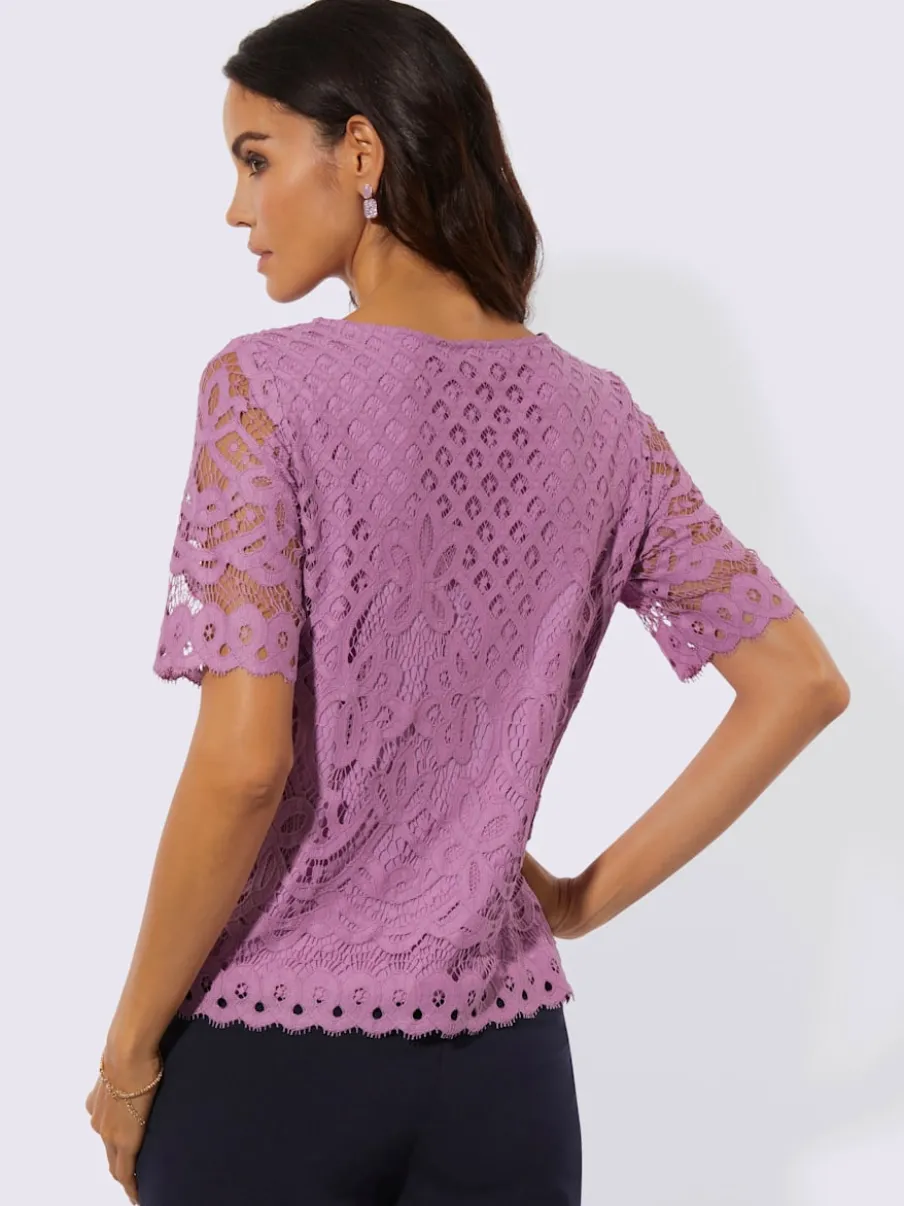 T-shirt en dentelle avec col rond et manches courtes