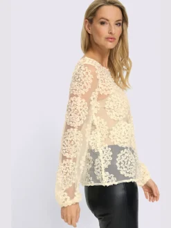 T-shirt en dentelle avec encolure ronde et manches longues ballon