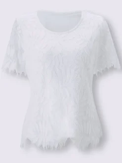 T-shirt en dentelle avec manches transparentes et finitions ondulées