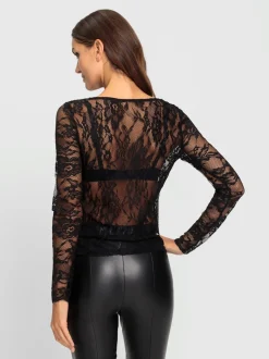 T-shirt en dentelle à manches longues avec broderie florale