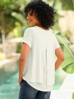 T-shirt en dentelle transparente à encolure ronde manches courtes