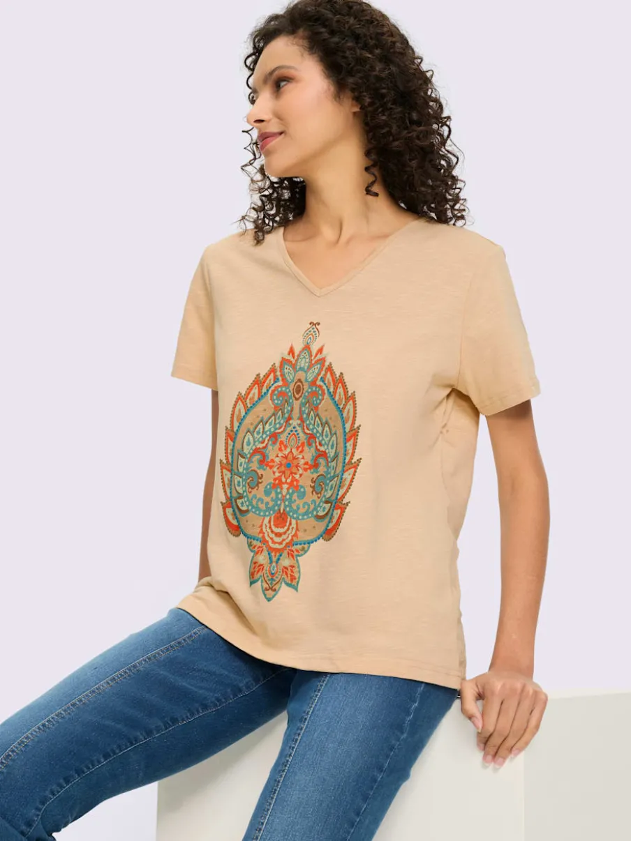 T-shirt en fil flammé avec col V et imprimé graphique