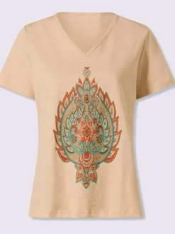 T-shirt en fil flammé avec col V et imprimé graphique