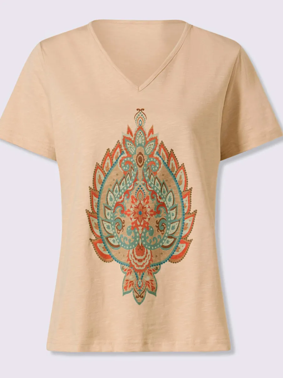 T-shirt en fil flammé avec col V et imprimé graphique