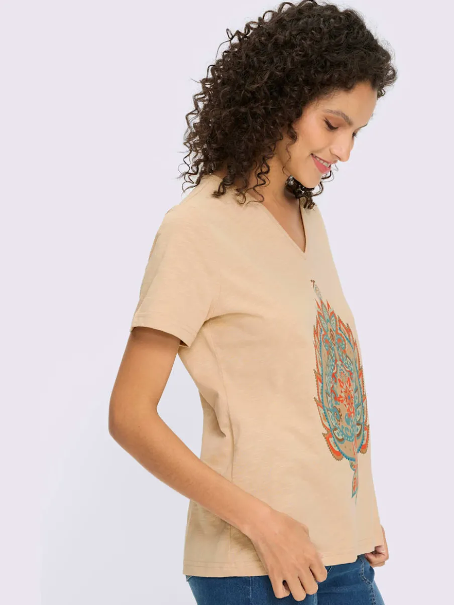 T-shirt en fil flammé avec col V et imprimé graphique
