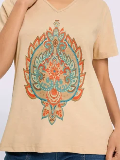 T-shirt en fil flammé avec col V et imprimé graphique
