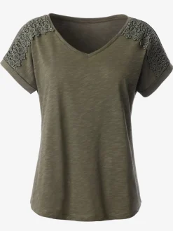 T-shirt en fil flammé avec dentelle sur les mancherons et encolure en V