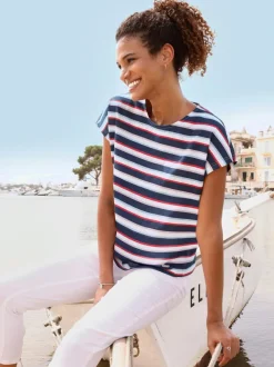 T-shirt en pur coton à encolure ronde et mancherons décontractés avec rayures marinières