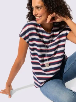 T-shirt en pur coton à encolure ronde et mancherons décontractés avec rayures marinières