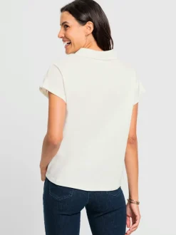 T-shirt en V avec dentelle sur col chemise