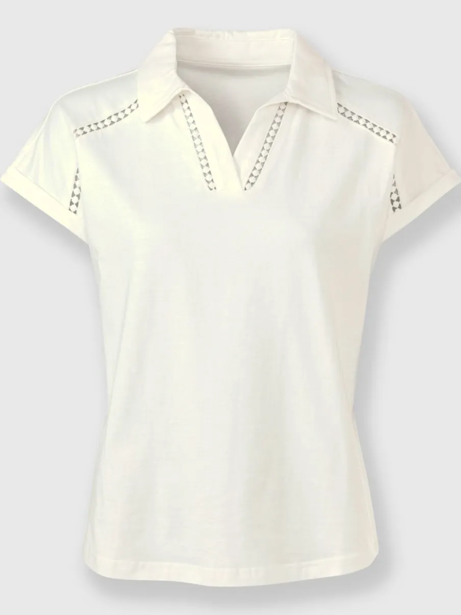 T-shirt en V avec dentelle sur col chemise