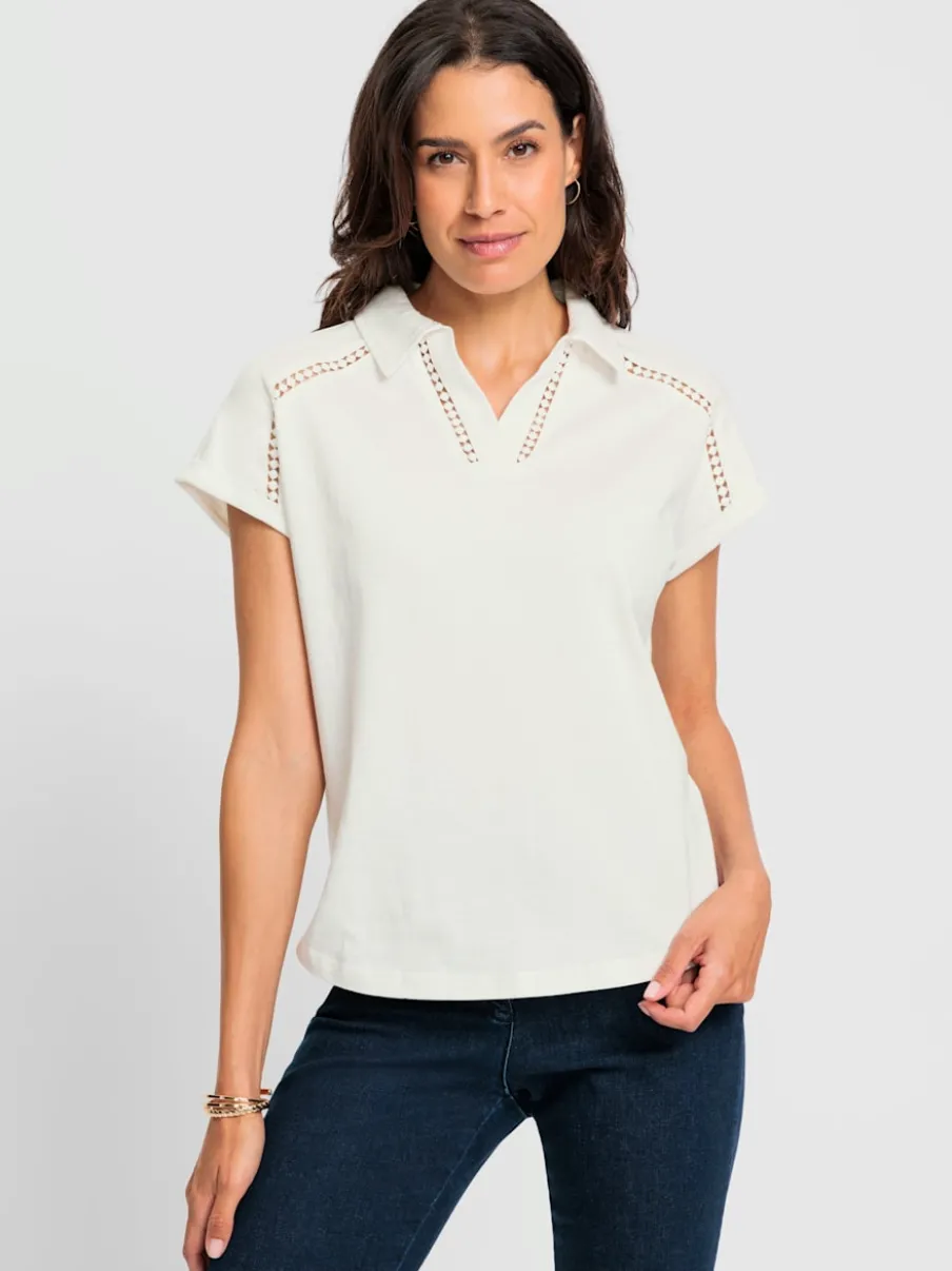 T-shirt en V avec dentelle sur col chemise