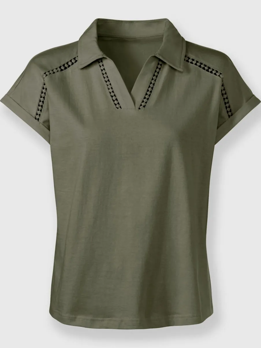 T-shirt en V avec dentelle sur col chemise
