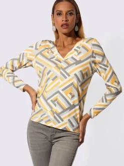 T-shirt en V à motifs géométriques avec manches longues et viscose ECOVERO