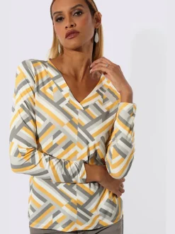 T-shirt en V à motifs géométriques avec manches longues et viscose ECOVERO