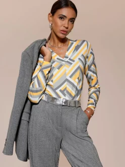 T-shirt en V à motifs géométriques avec manches longues et viscose ECOVERO