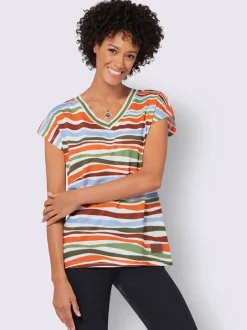 T-shirt en v pur coton à manches décontractées avec motif rayé