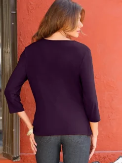 T-shirt femme avec col bénitier et manches 3/4 fluide