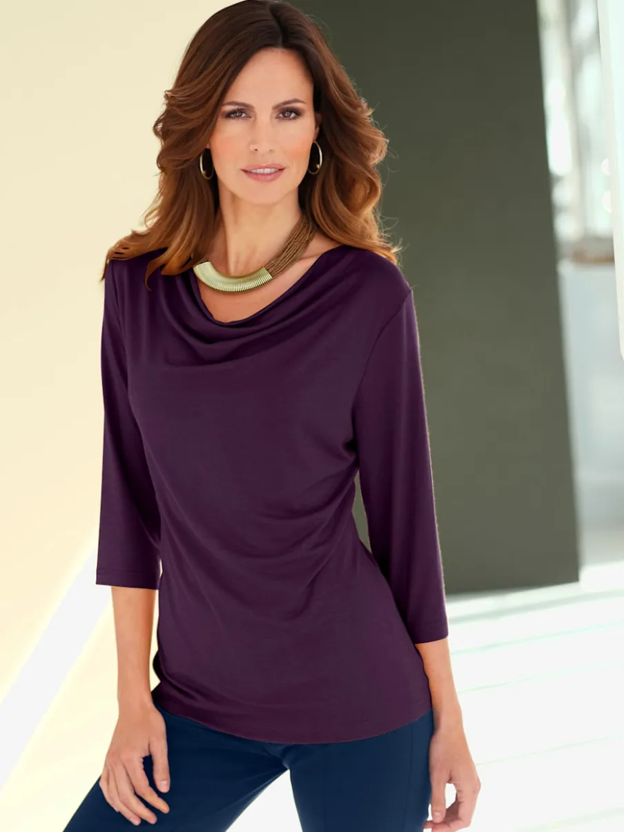 T-shirt femme avec col bénitier et manches 3/4 fluide