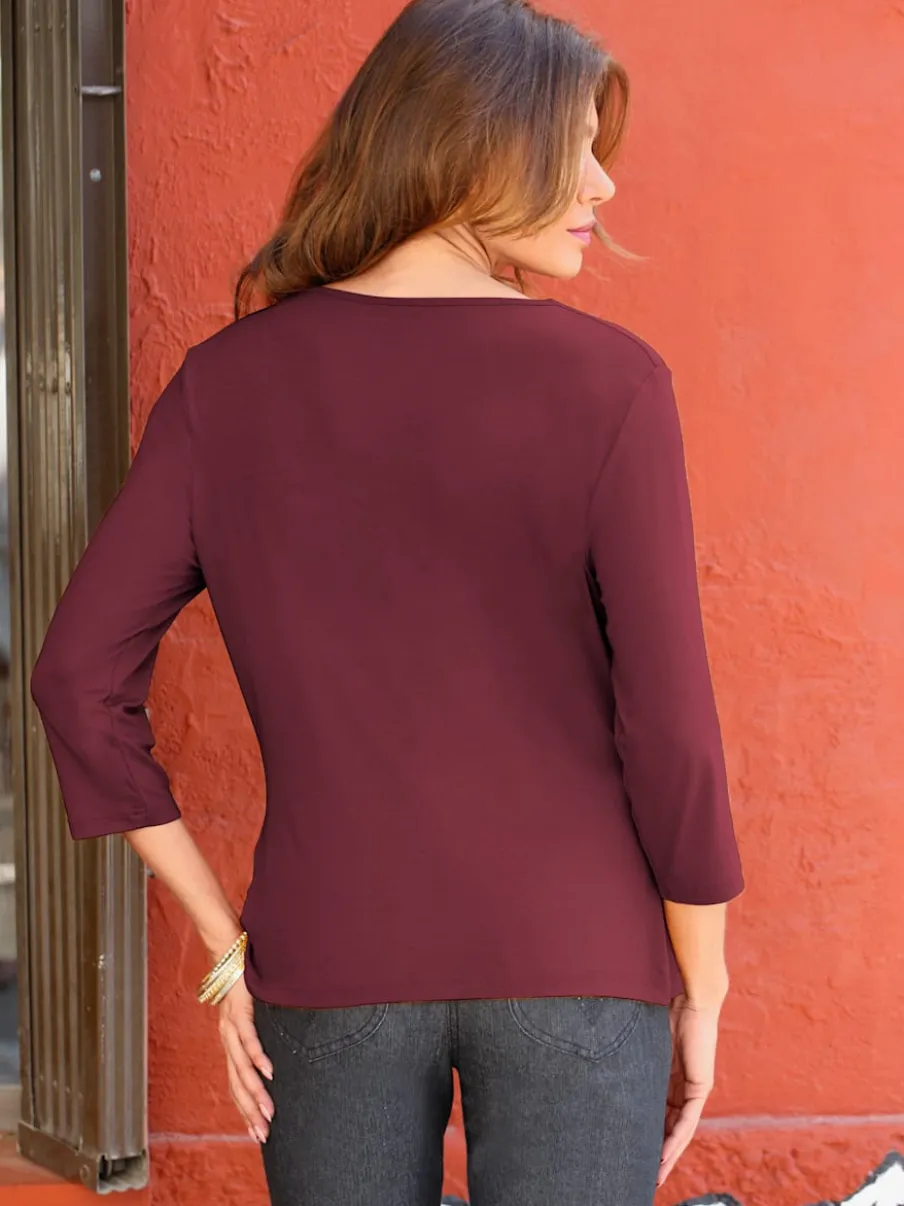 T-shirt femme avec col bénitier et manches 3/4 fluide