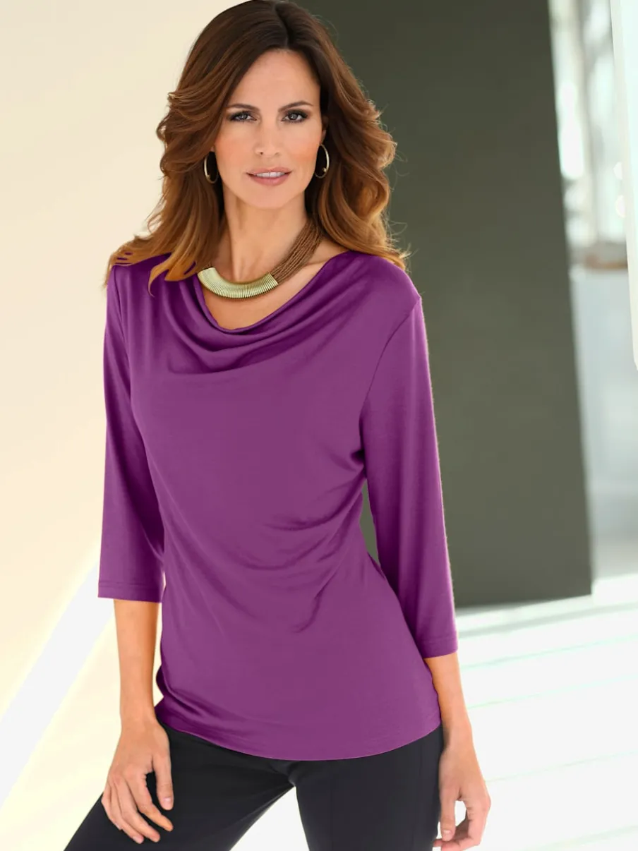 T-shirt femme avec col bénitier et manches 3/4 fluide