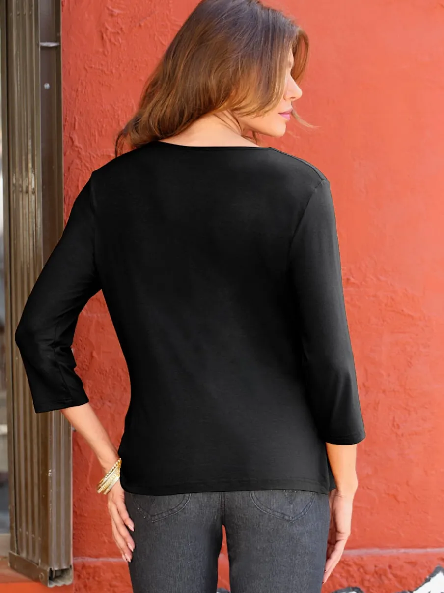 T-shirt femme avec col bénitier et manches 3/4 fluide