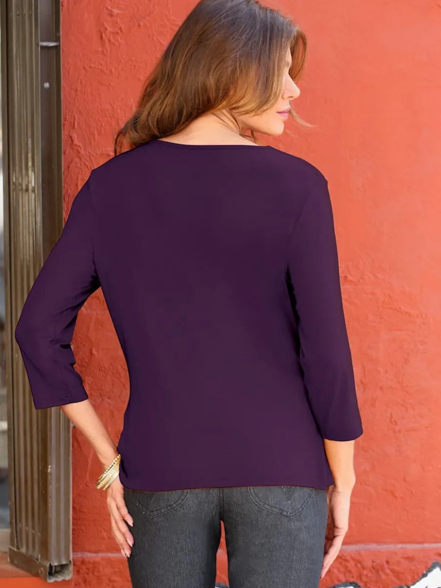 T-shirt femme avec col bénitier et manches 3/4 fluide