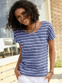 T-shirt femme col rond à rayures avec manches courtes