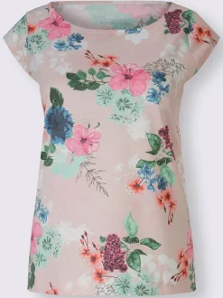 T-shirt floral avec encolure ronde et manches chauve-souris