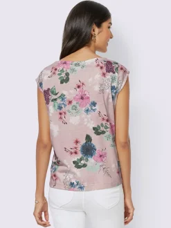 T-shirt floral avec encolure ronde et manches chauve-souris