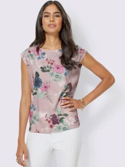 T-shirt floral avec encolure ronde et manches chauve-souris