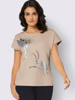 T-shirt floral à col rond avec pierres brillantes