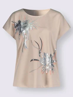 T-shirt floral à col rond avec pierres brillantes