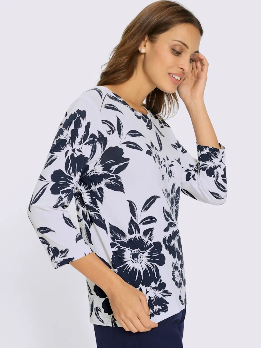 T-shirt floral à encolure ronde et manches 3/4 en viscose