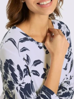 T-shirt floral à encolure ronde et manches 3/4 en viscose