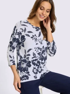 T-shirt floral à encolure ronde et manches 3/4 en viscose