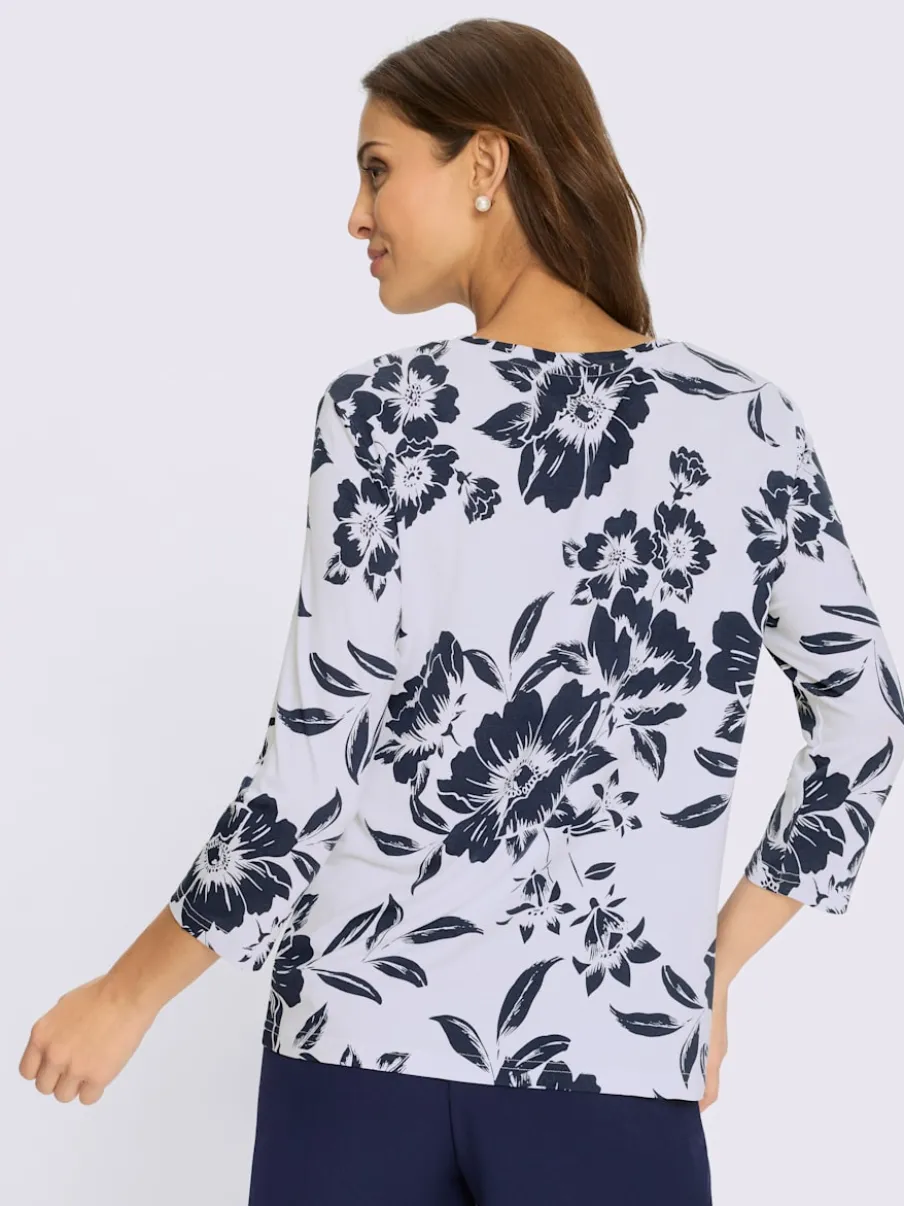 T-shirt floral à encolure ronde et manches 3/4 en viscose