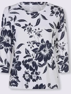T-shirt floral à encolure ronde et manches 3/4 en viscose