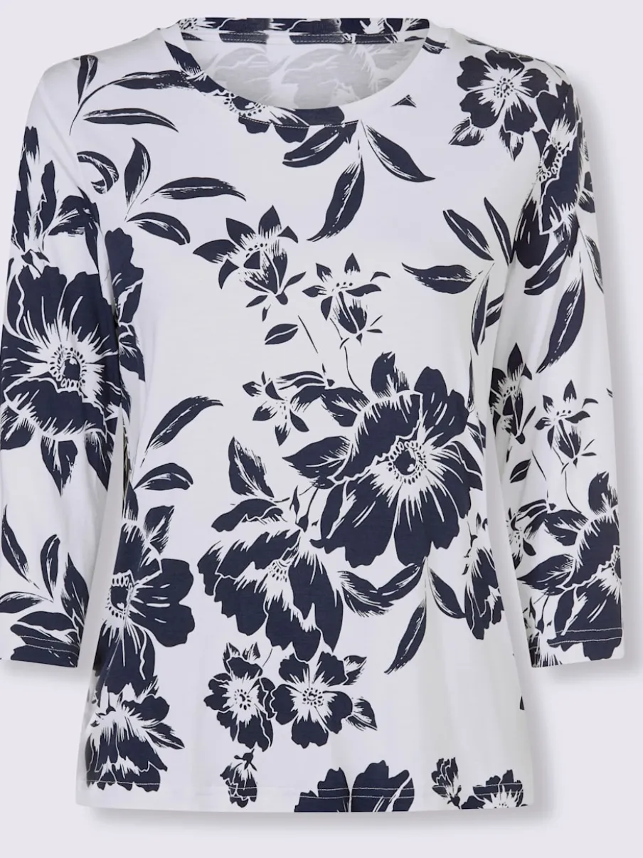 T-shirt floral à encolure ronde et manches 3/4 en viscose