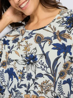 T-shirt floral à encolure ronde et manches 3/4