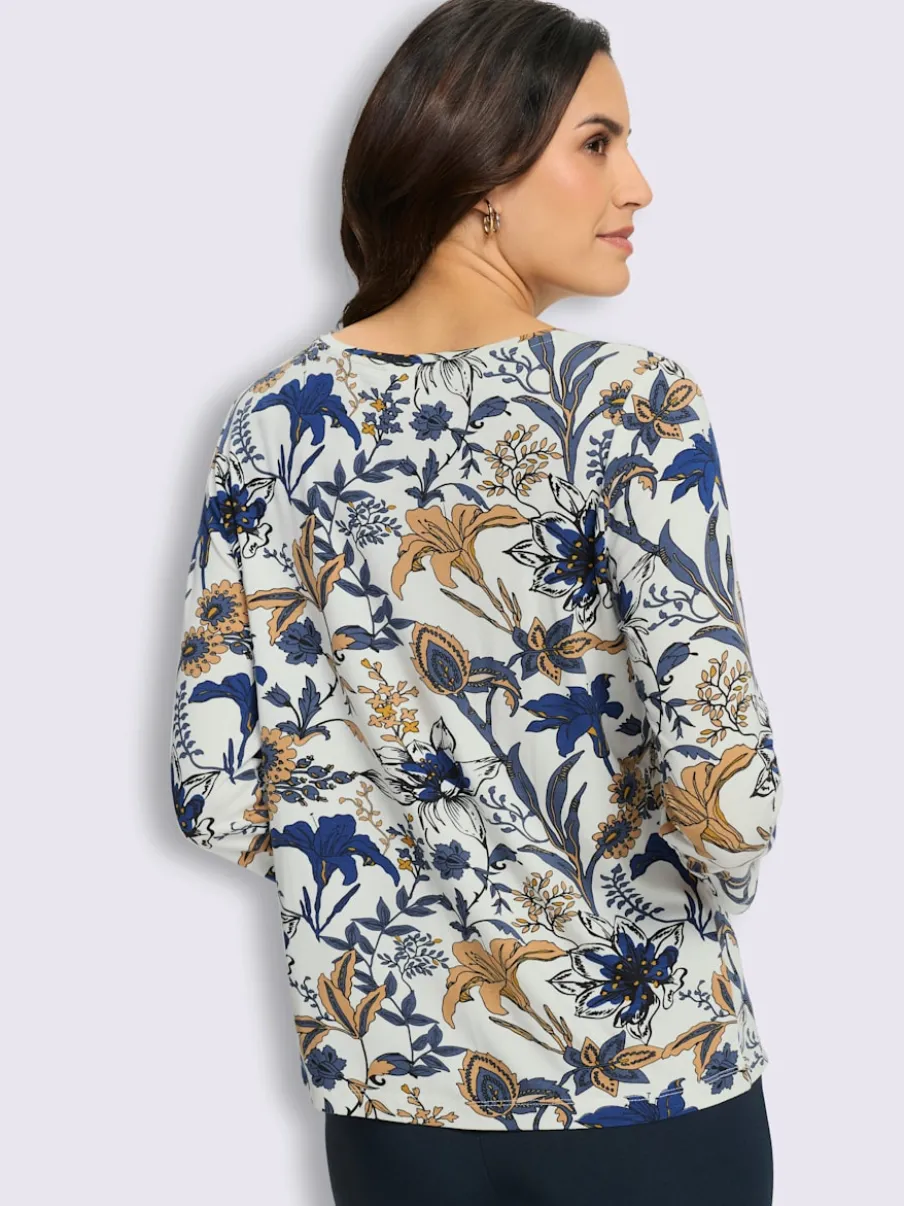 T-shirt floral à encolure ronde et manches 3/4