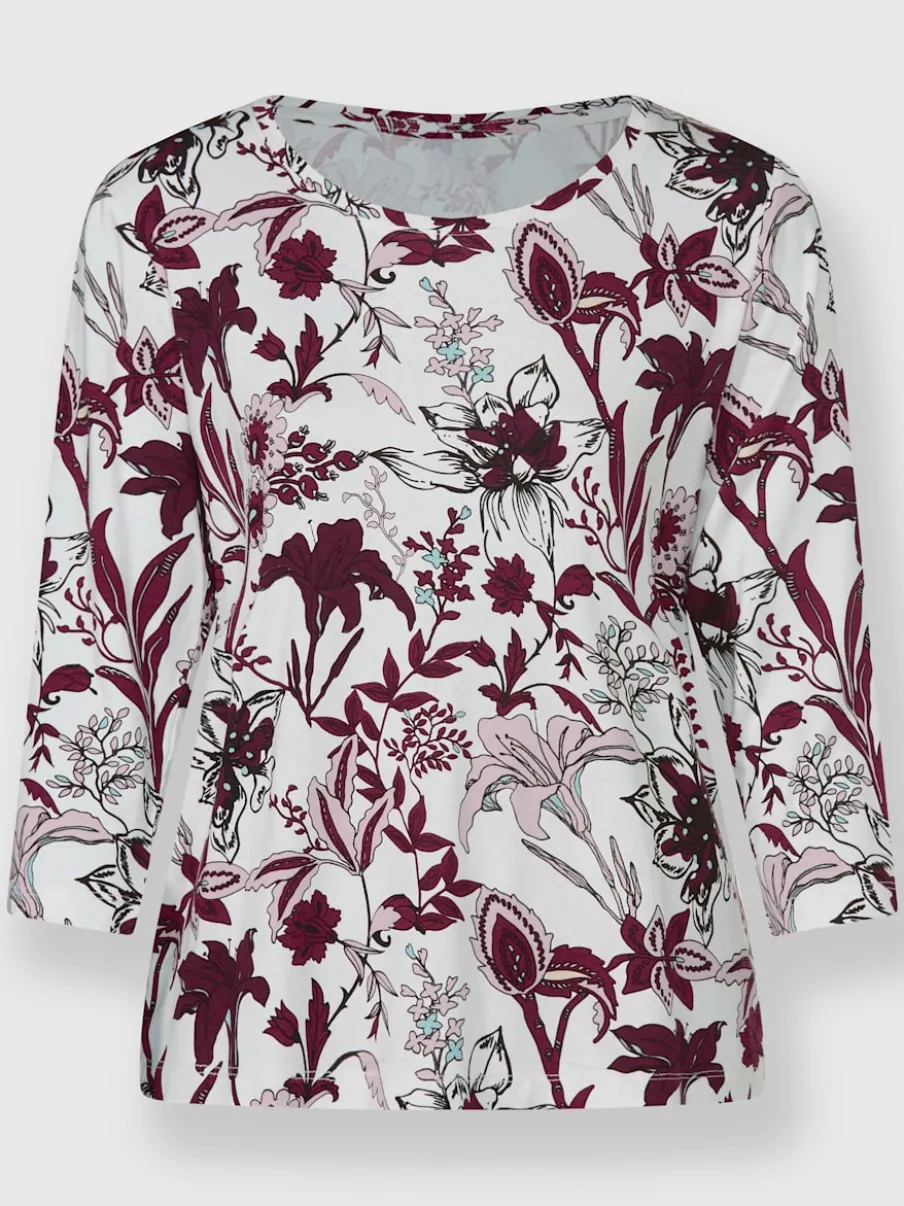 T-shirt floral à encolure ronde et manches 3/4