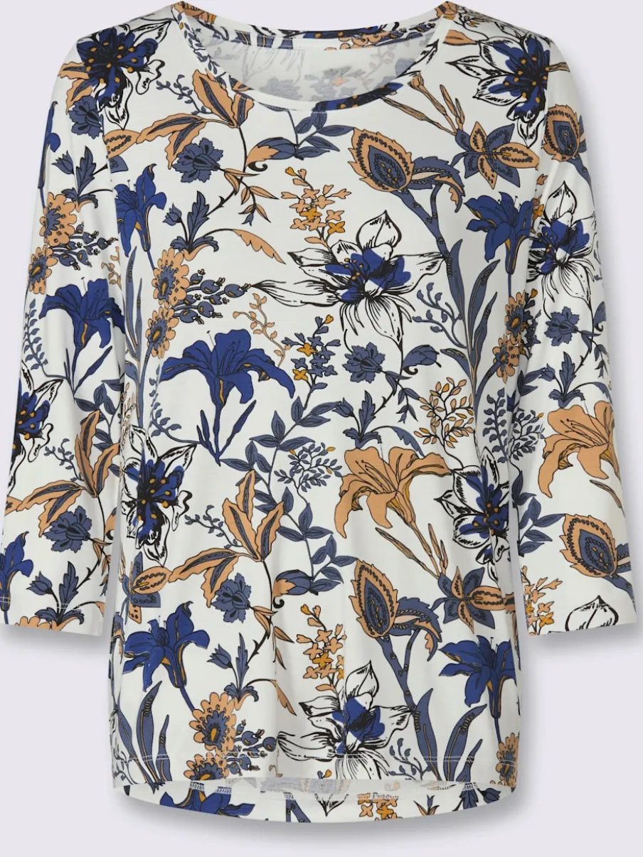 T-shirt floral à encolure ronde et manches 3/4