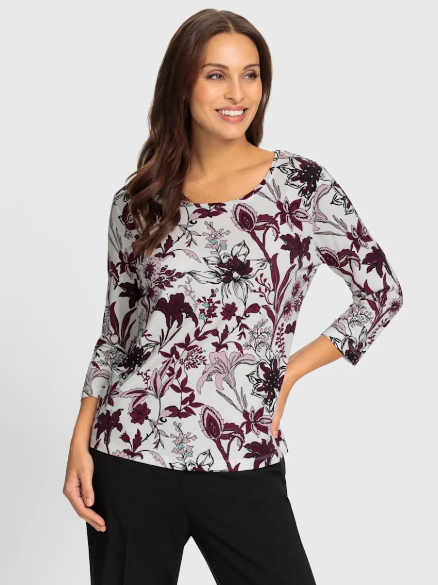 T-shirt floral à encolure ronde et manches 3/4