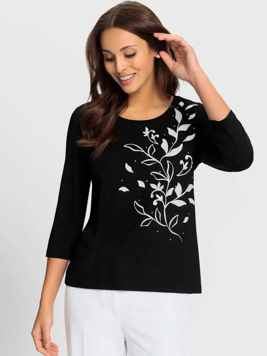 T-shirt fluide imprimé floral avec pierres brillantes devant