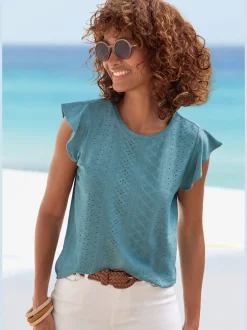 T-shirt fluide à manches chauve-souris brodé en ajouré