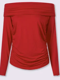 T-shirt féminin avec encolure carmen fronces et manches longues
