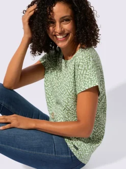 T-shirt imprimé à encolure passepoilée et mancherons décontractés