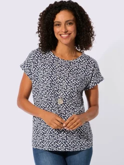 T-shirt imprimé à encolure passepoilée et mancherons décontractés